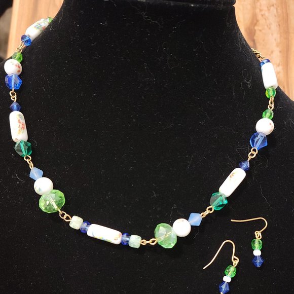 Gold chain & earrings with hand painted porcelain beads and blue and green beads - Picture 1 of 4